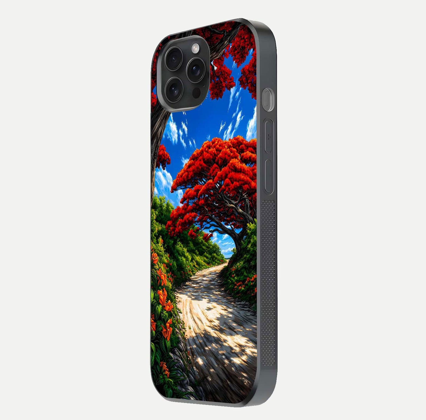 Red Trees Pathway Glass Case for iPhone 15 Pro side-angle image showing reflection and autumn vibe
