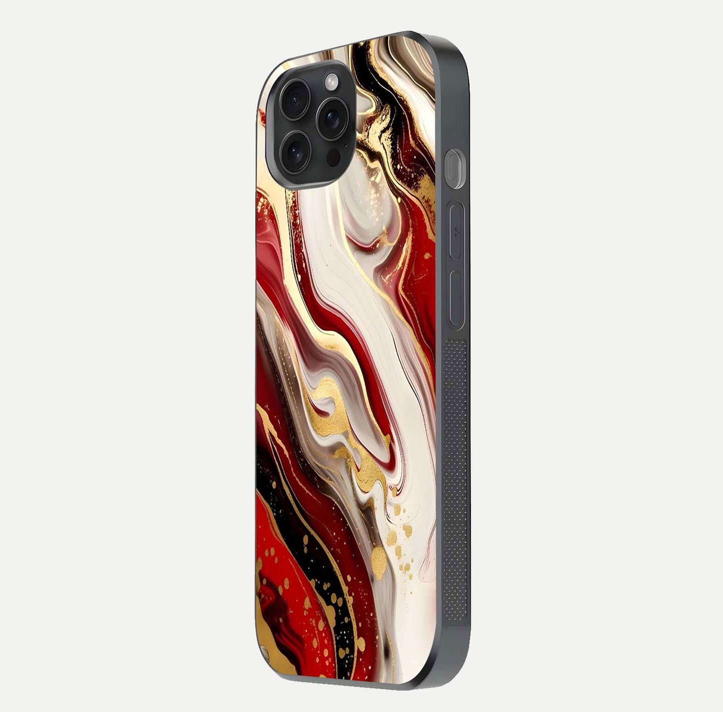 Red & White Marble Glass Case for iPhone 15 Pro side-angle image showing shine and smooth marble finish