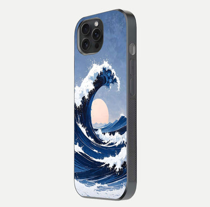 Rising Tide Power Glass Case for iPhone 15 Pro side-angle image showing shine and detailed ocean art