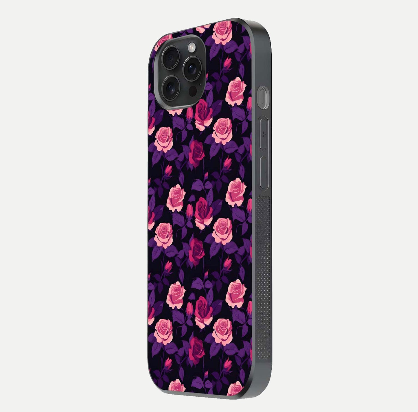 Rose Garden Twilight Glass Case for iPhone 15 Pro side-angle image showing reflection, gloss, and floral detail