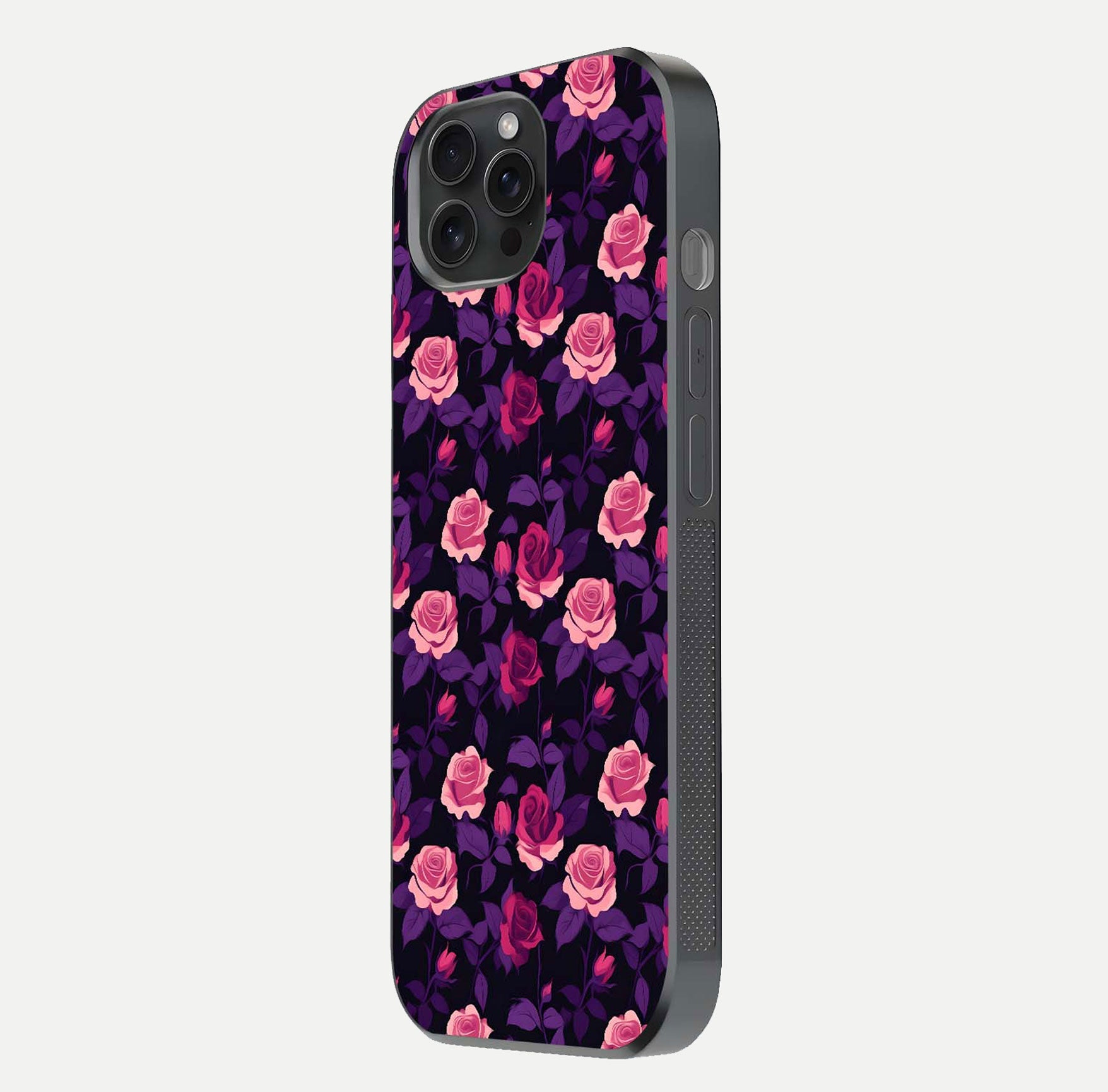 Rose Garden Twilight Glass Case for iPhone 15 Pro side-angle image showing reflection, gloss, and floral detail