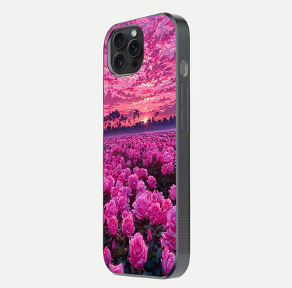 Rose Sunset Valley Glass Case for iPhone 15 Pro side-angle image showing smooth edges and floral glow