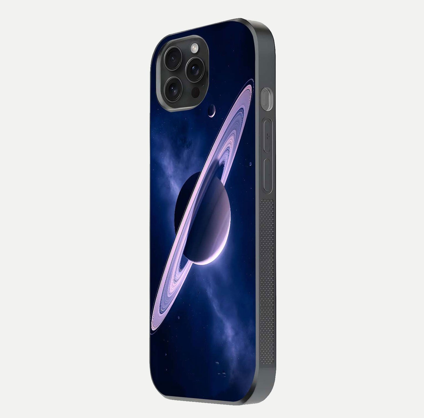 Saturn Ring Mystique Glass Case for iPhone 15 Pro side-angle image showing shine and galaxy ring focus