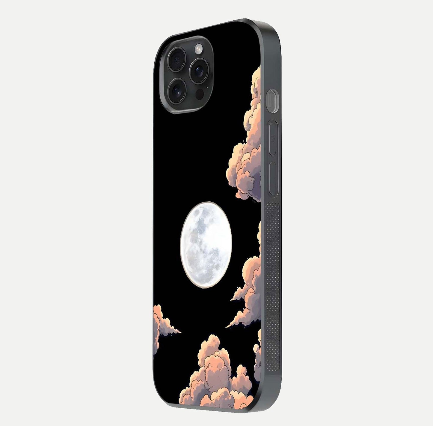 Shade Cloud Moon Glass Case for iPhone 15 Pro side-angle image showing reflection and night-sky detail
