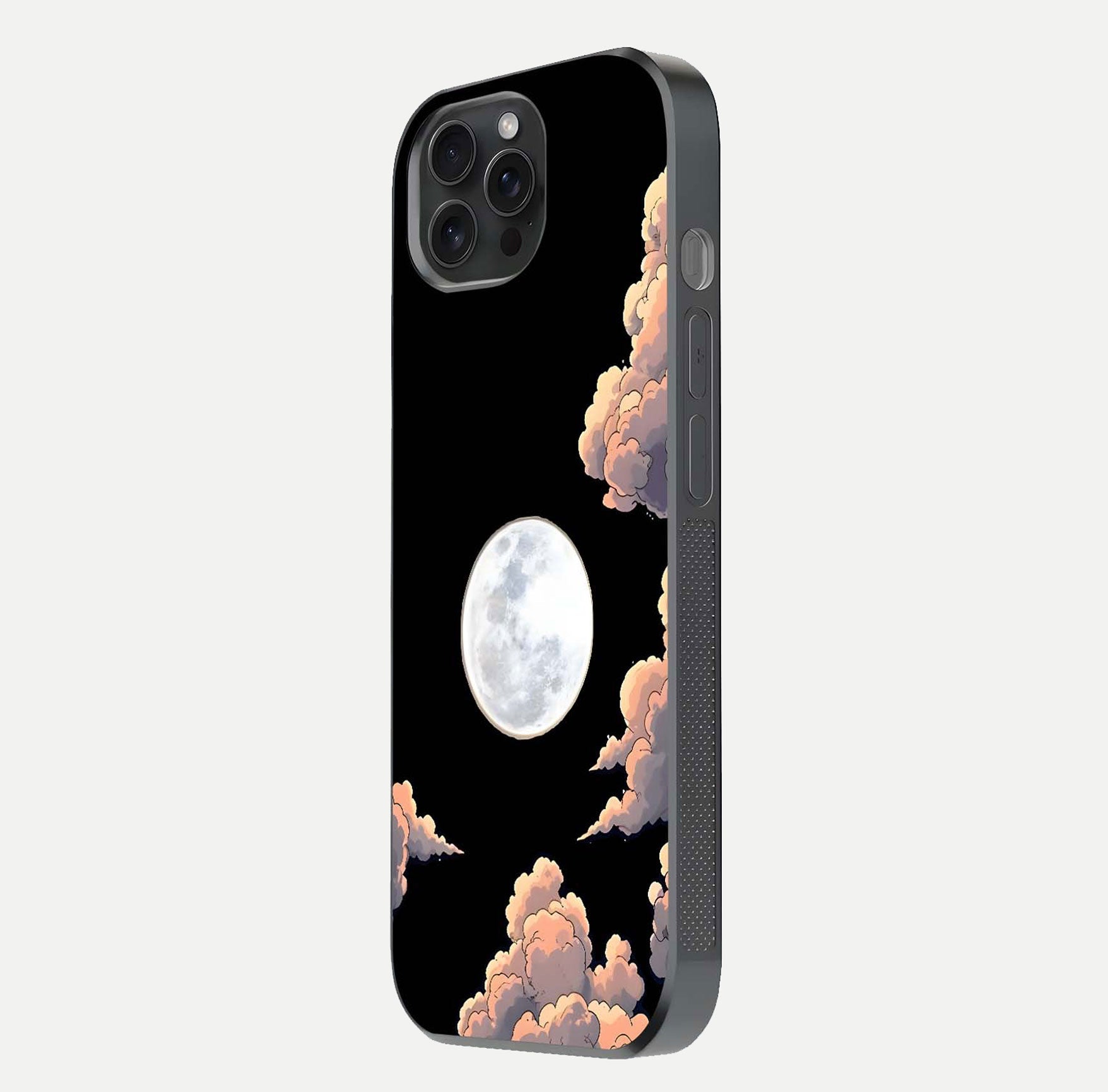 Shade Cloud Moon Glass Case for iPhone 15 Pro side-angle image showing reflection and night-sky detail