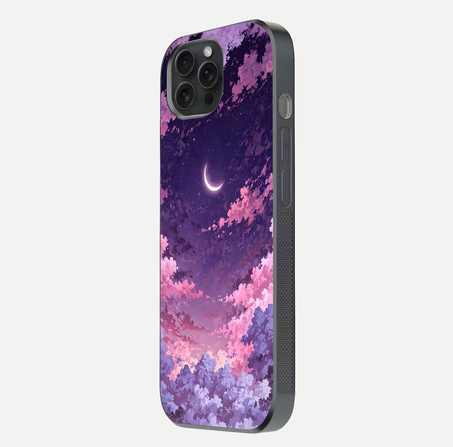 Sky Drift Clouds Glass Case for iPhone 15 Pro side-angle image showing reflection, blue tones, and soft gradient