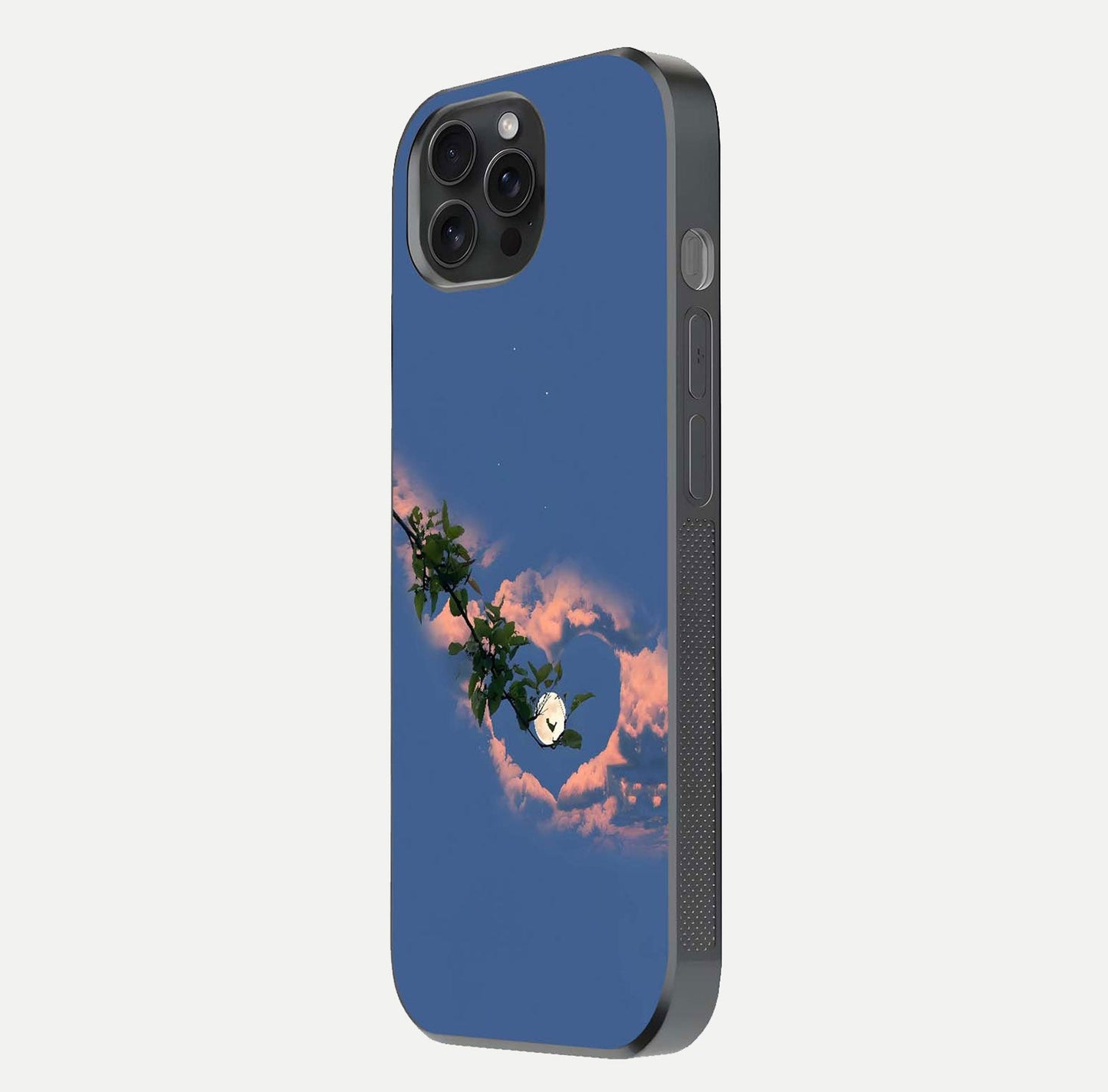 Sky Under Tree Glass Case for iPhone 15 Pro side-angle image showing shine, edge texture, and scenic detail