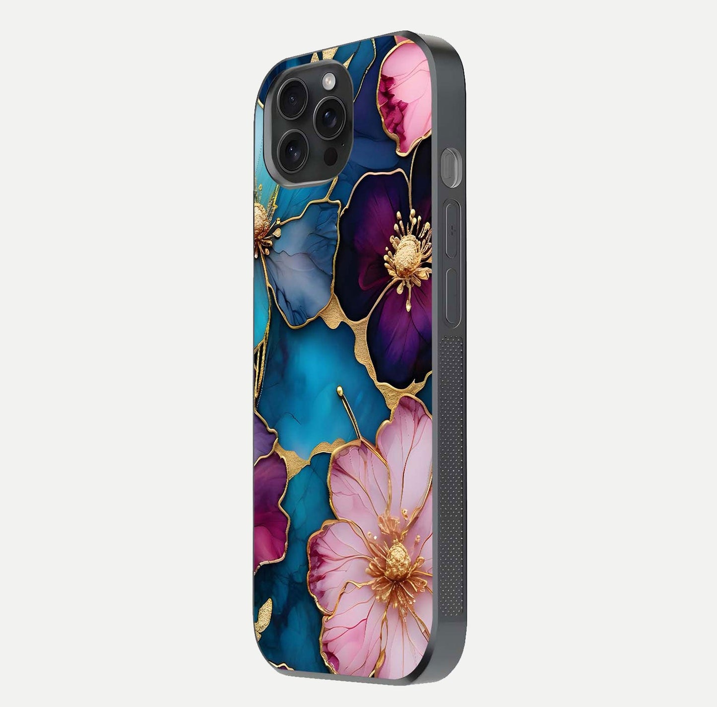 Sparkle Floral Glass Case for iPhone 15 Pro side-angle image showing reflection, gloss, and floral texture