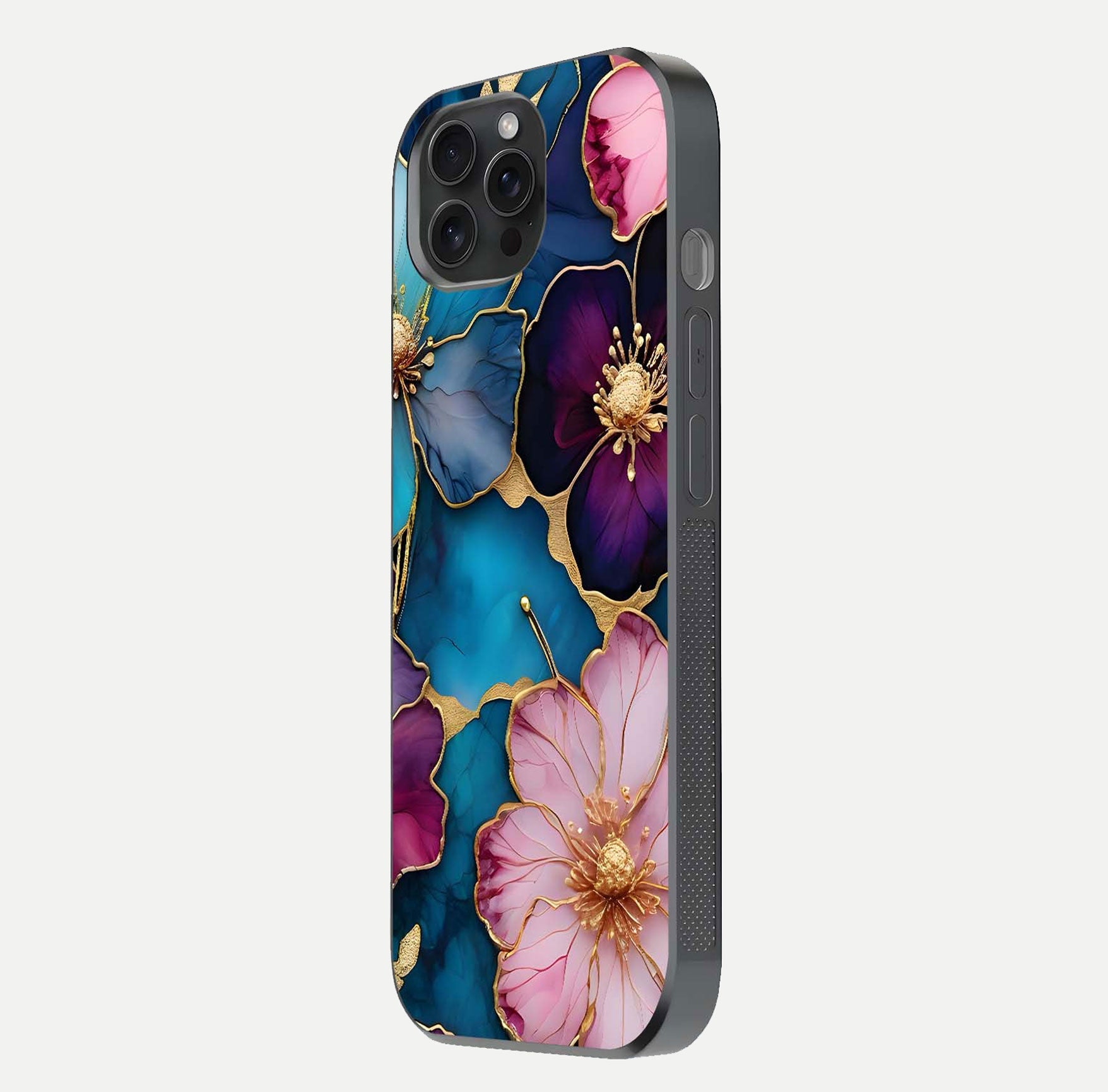 Sparkle Floral Glass Case for iPhone 15 Pro side-angle image showing reflection, gloss, and floral texture