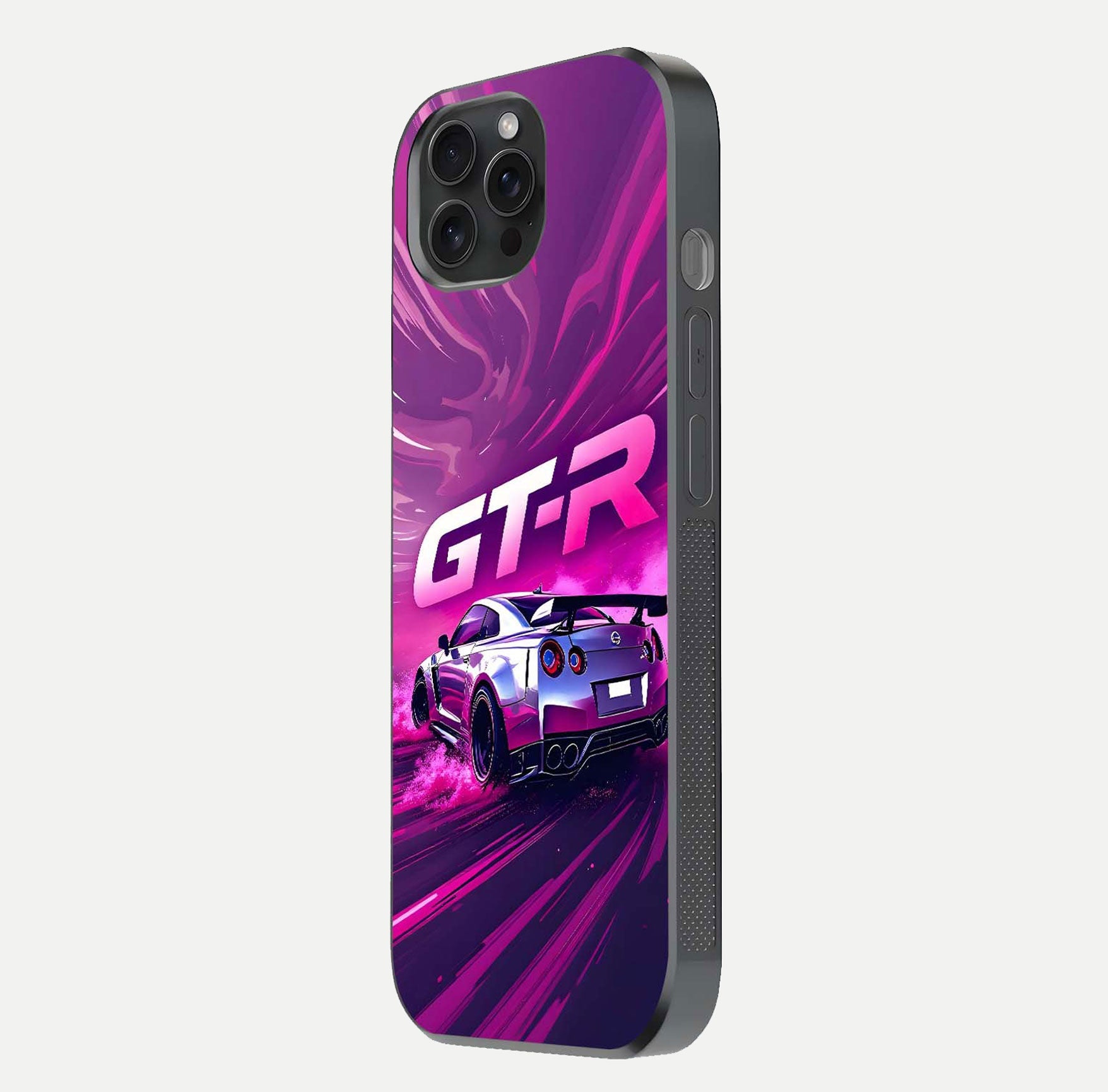 Speed Drift Legend Glass Case for iPhone 15 Pro side-angle image showing car print reflection and surface gloss