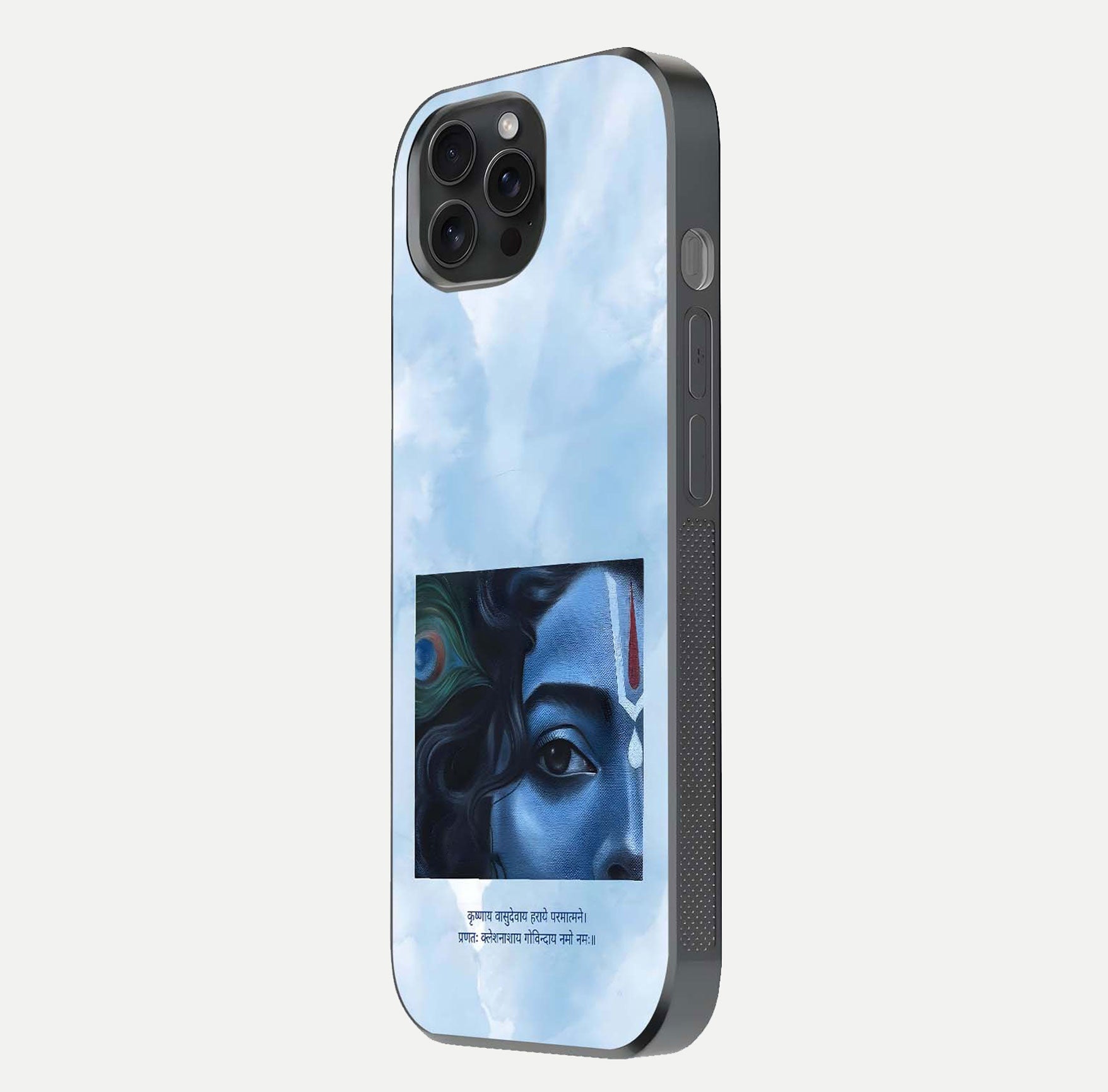 Spiritual Krishna Glass Case for iPhone 15 Pro side-angle image showing reflection and vivid artwork clarity