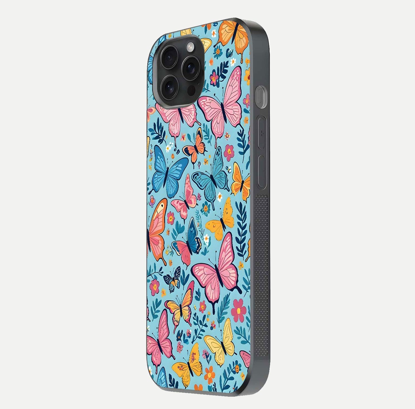 Spring Wing Garden Glass Case for iPhone 15 Pro side-angle image showing shine, color, and pattern depth