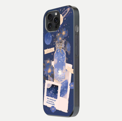 Starlit Cosmic Jar Glass Case for iPhone 15 Pro side-angle image showing glow, texture, and light reflection