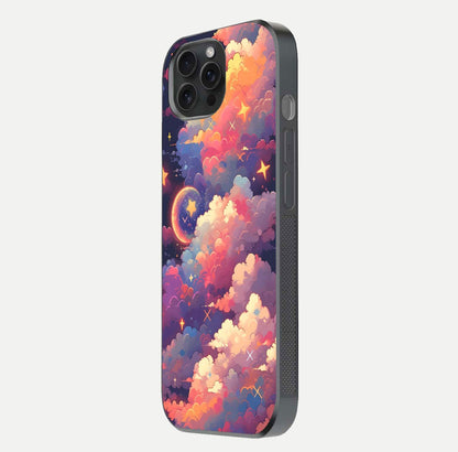 Starlit Dream Clouds Glass Case for iPhone 15 Pro side-angle image showing shine, reflection, and dreamy tones
