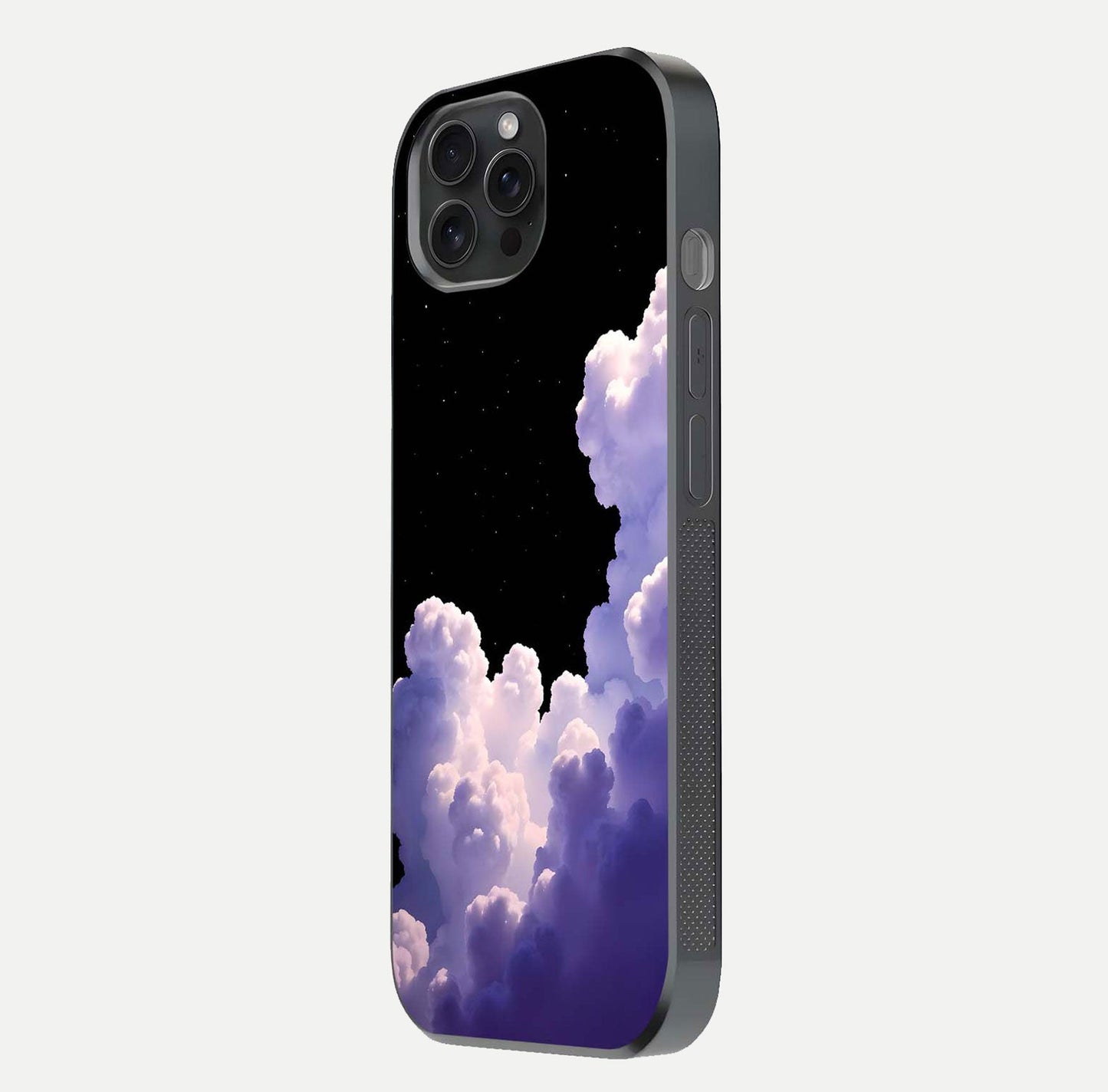 Starlit Night Whispers Glass Case for iPhone 15 Pro side-angle image showing reflection and night pattern shine