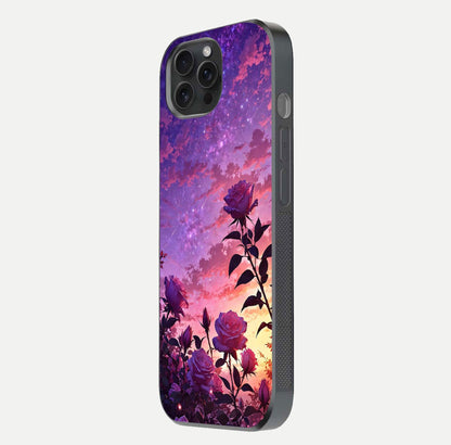 Starlit Rose Twilight Glass Case for iPhone 15 Pro side-angle image showing reflection and petal contrast