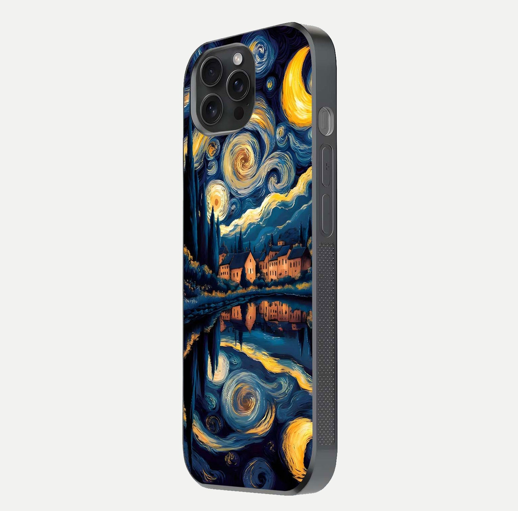 Starry Sky Serenity Glass Case for iPhone 15 Pro side-angle image showing reflection and night-sky detail