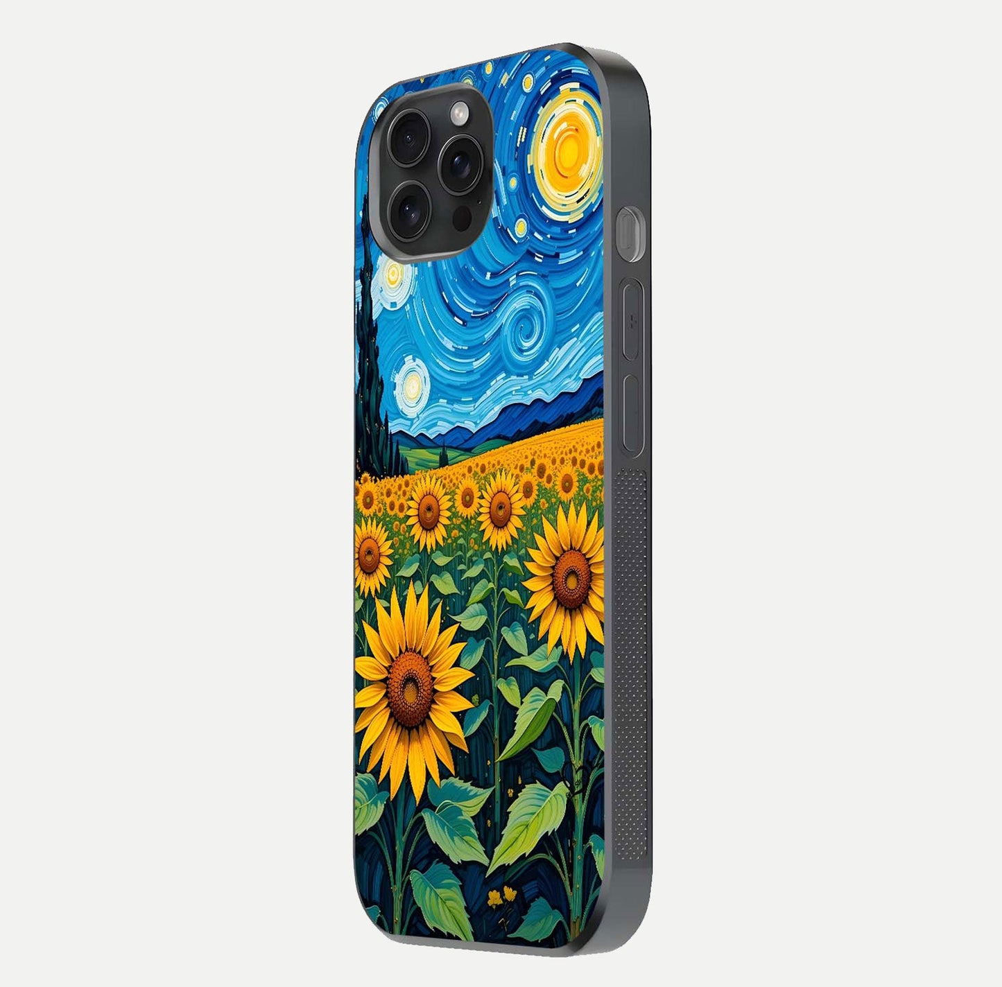Starry Sunflower Dreams Glass Case for iPhone 15 Pro side-angle image showing reflection, stars, and yellow tone