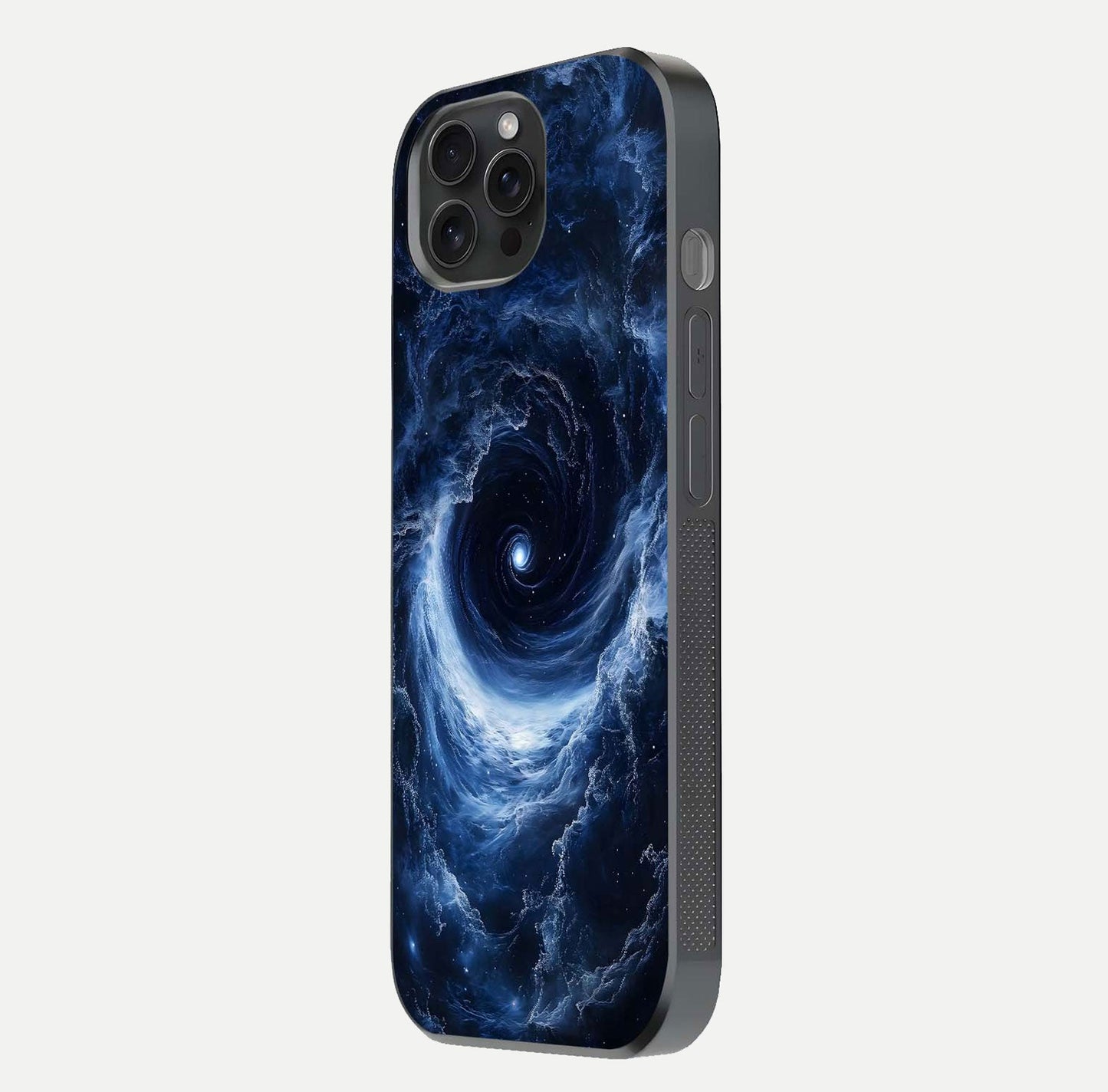 Stunning Galaxy Glass Case for iPhone 15 Pro side-angle image showing glossy reflection and space detailing
