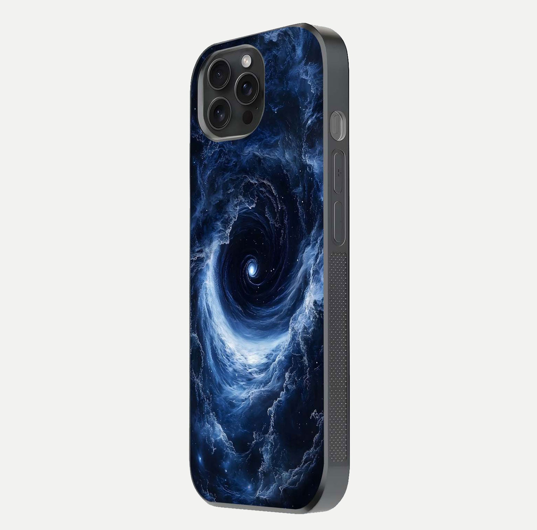Stunning Galaxy Glass Case for iPhone 15 Pro side-angle image showing glossy reflection and space detailing