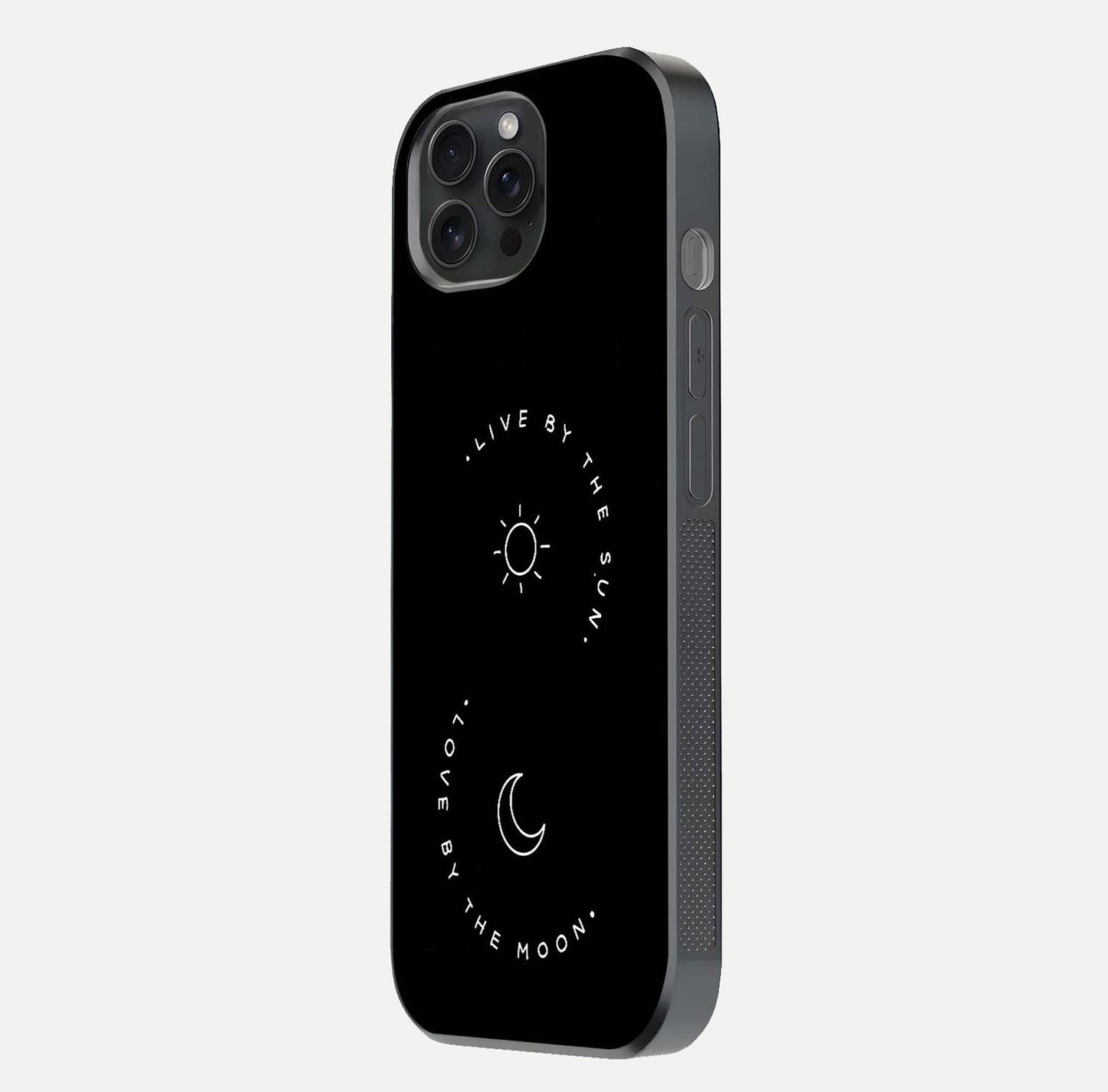 Sun Moon Balance Glass Case for iPhone 15 Pro side-angle image showing reflection and celestial detailing