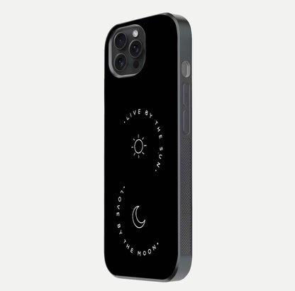 Sun Moon Balance Glass Case for iPhone 15 Pro side-angle image showing reflection and celestial detailing