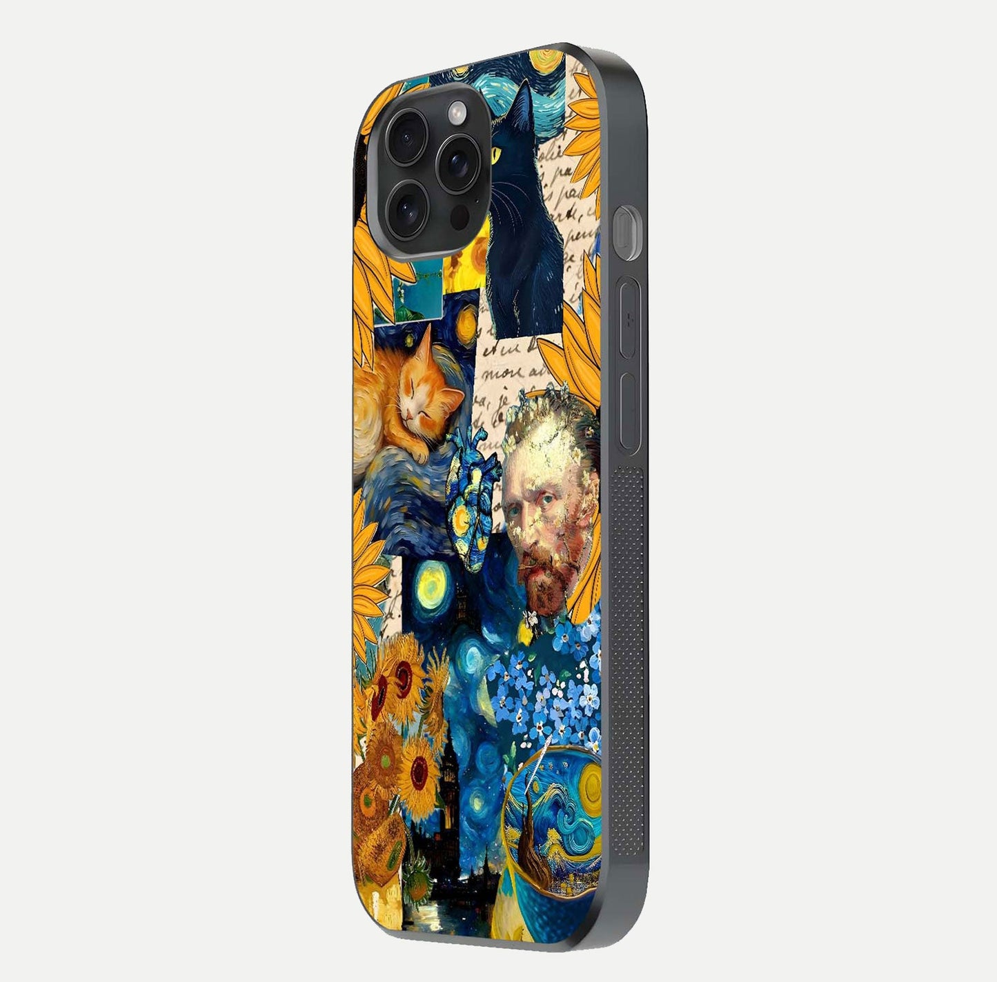 Sunflower Cat Art Glass Case for iPhone 15 Pro side-angle image showing shine, edges, and sunflower texture