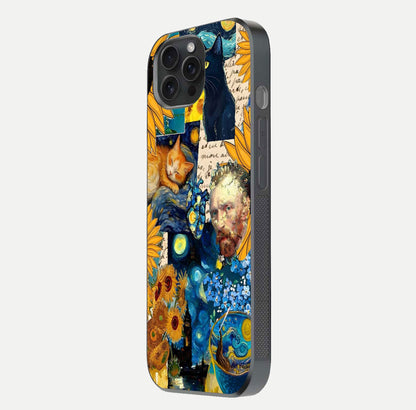 Sunflower Cat Art Glass Case for iPhone 15 Pro side-angle image showing shine, edges, and sunflower texture
