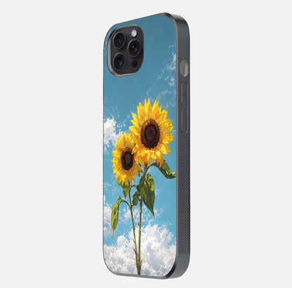 Sunflower Sky Bloom Glass Case for iPhone 15 Pro side-angle image showing reflection, edges, and sunflower color