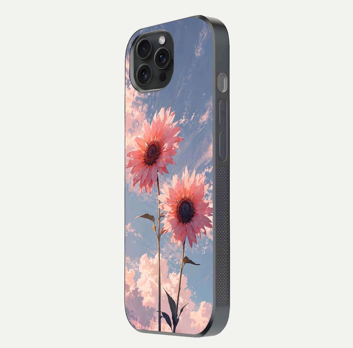 Sunlit Daisy Glow Glass Case for iPhone 15 Pro side-angle image showing shine, gloss, and floral highlight