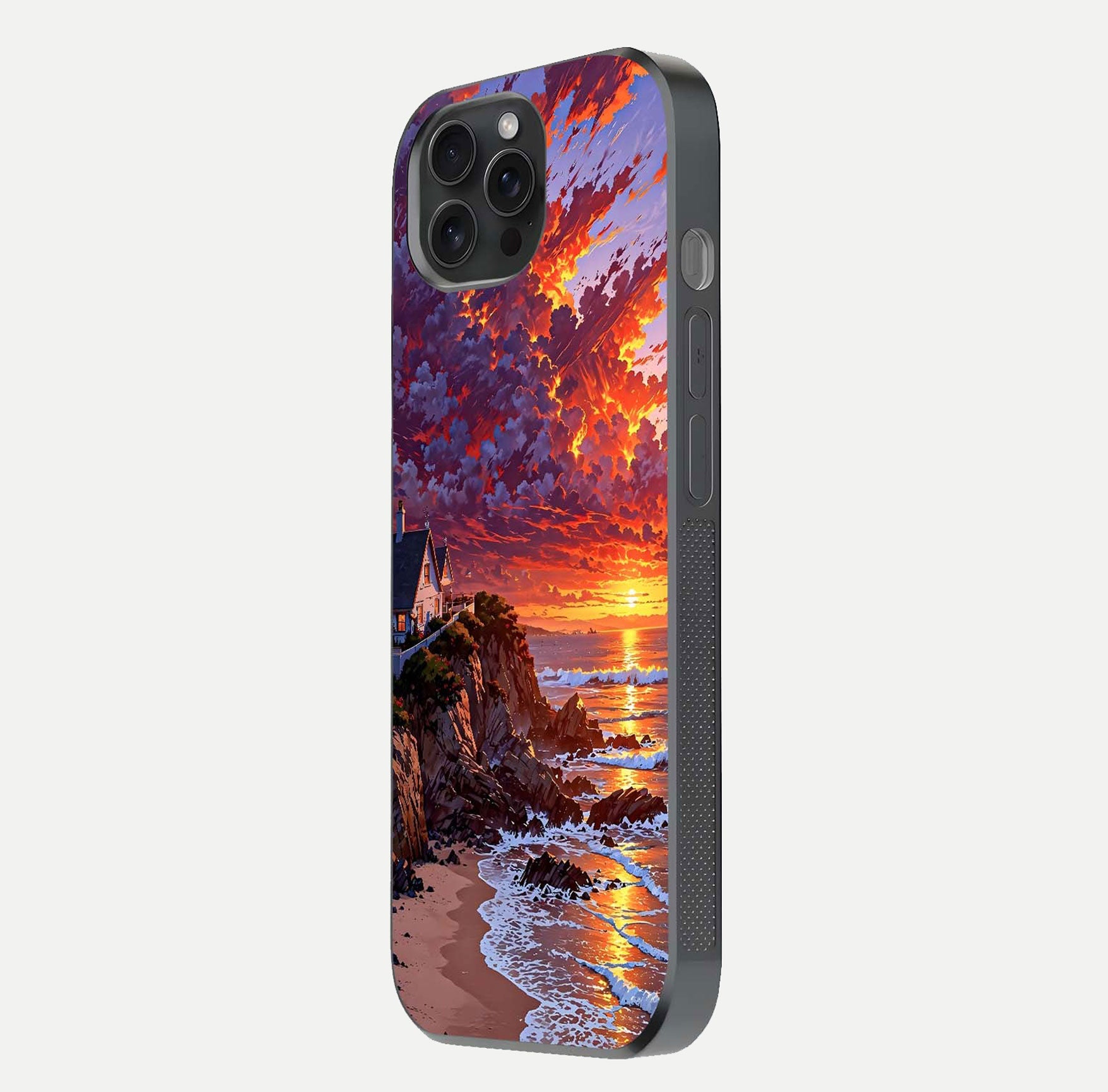 Sunset House by Sea Glass Case for iPhone 15 Pro side-angle image showing reflection and seaside color tone