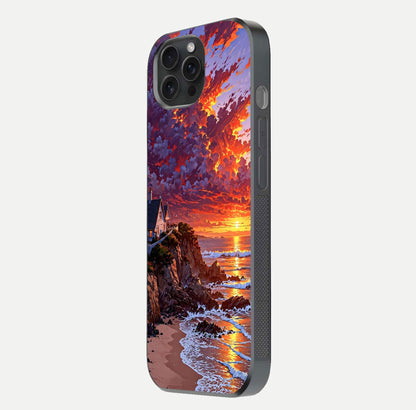Sunset House by Sea Glass Case for iPhone 15 Pro side-angle image showing reflection and seaside color tone