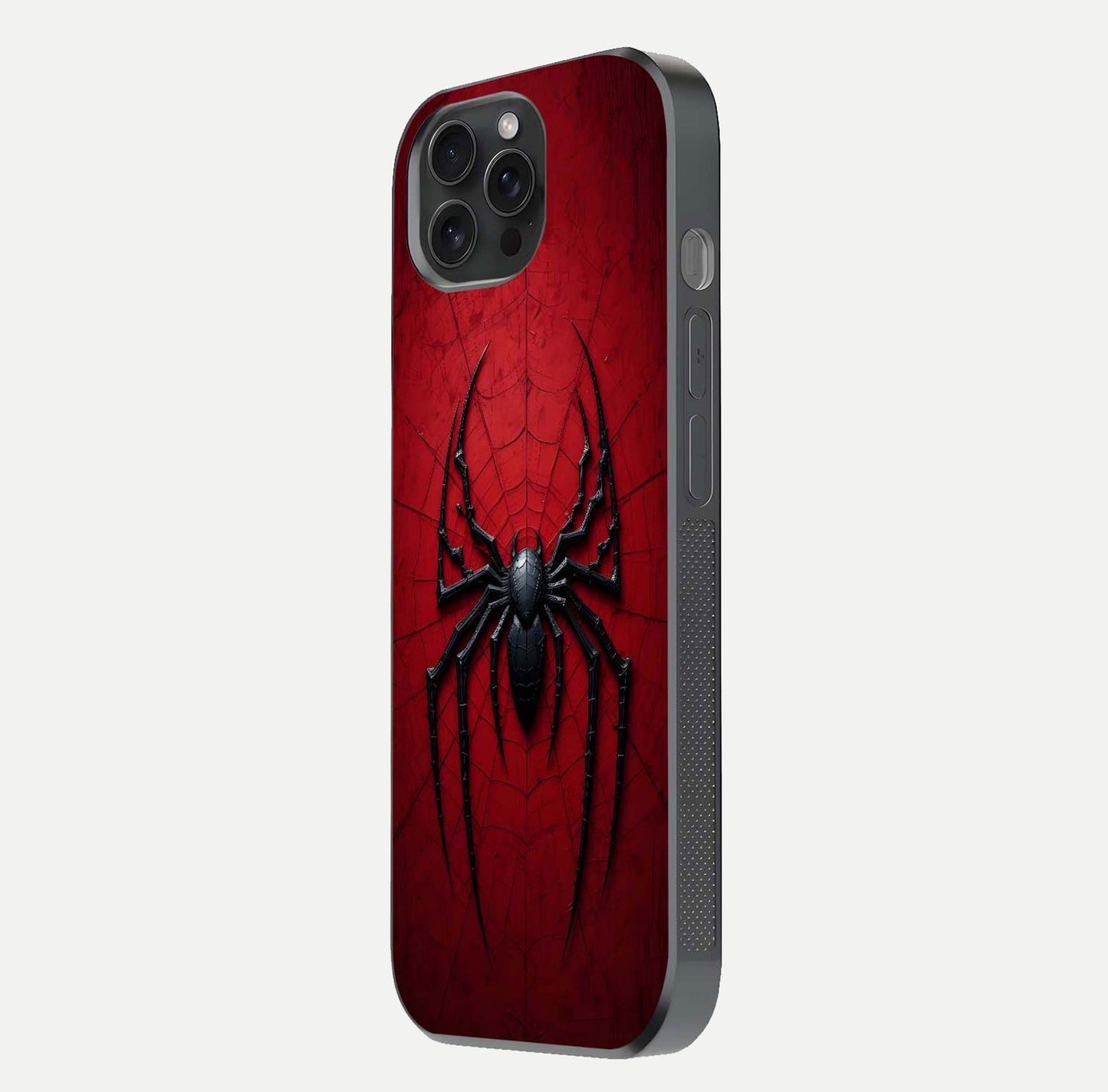 Venom Web Emblem Glass Case for iPhone 15 Pro side-angle image showing reflection and dark color tones