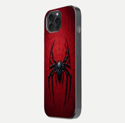 Venom Web Emblem Glass Case for iPhone 15 Pro side-angle image showing reflection and dark color tones