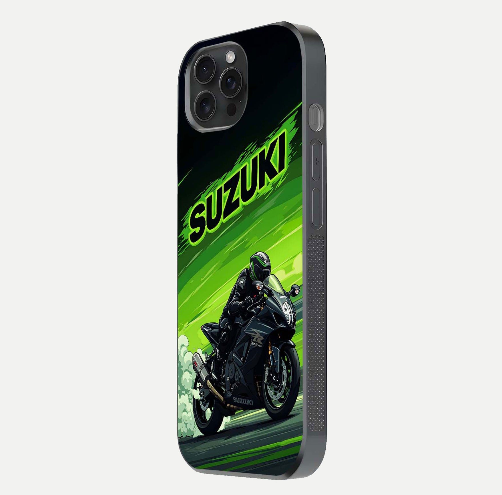 Suzuki Speed Beast Glass Case for iPhone 15 Pro side-angle image showing reflection, gloss, and car detailing