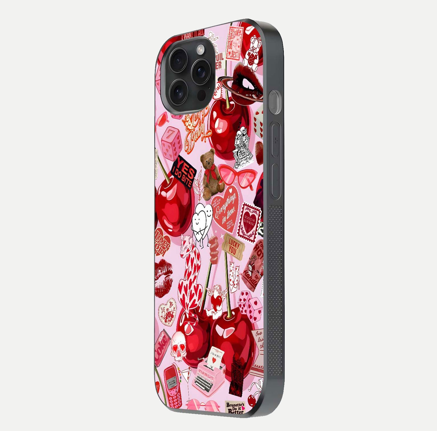 Sweet Cherry Chaos Glass Case for iPhone 15 Pro side-angle image showing shine, gloss, and cherry details
