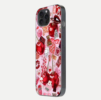 Sweet Cherry Chaos Glass Case for iPhone 15 Pro side-angle image showing shine, gloss, and cherry details