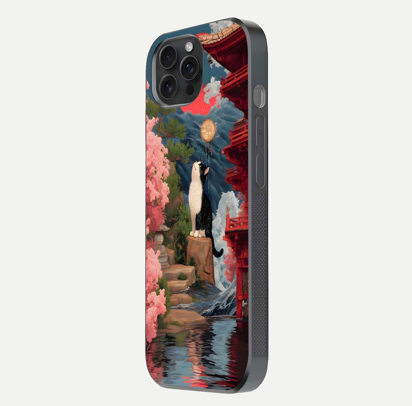 Temple Cat Scenery Glass Case for iPhone 15 Pro side-angle image showing shine and printed temple pattern
