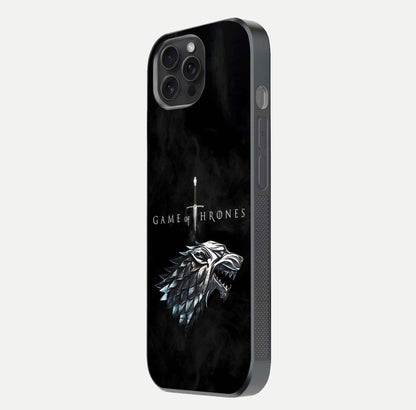 Throne Wolf Legacy Glass Case for iPhone 15 Pro side-angle image showing gloss, texture, and HD print