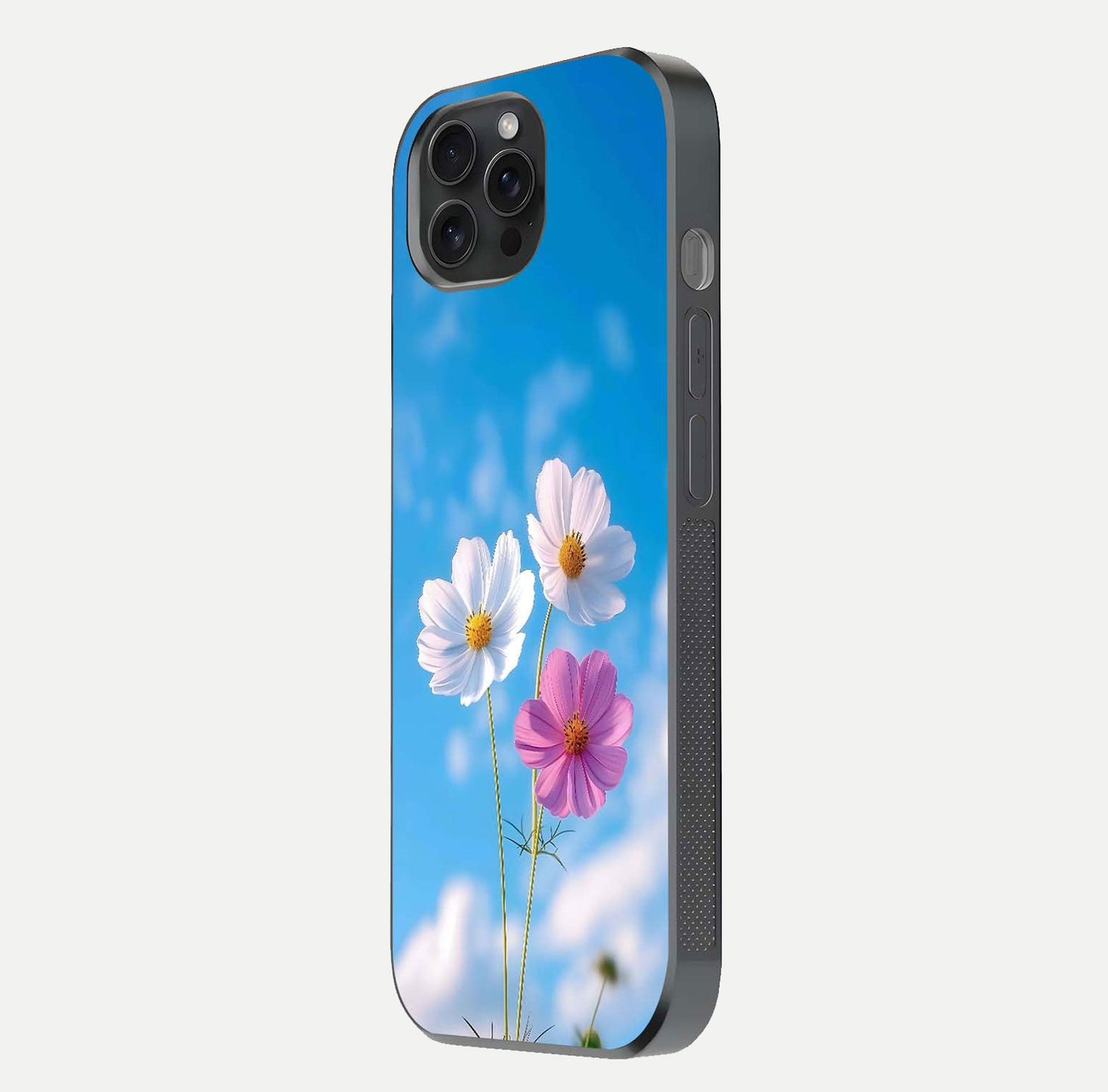 Triple Flowers With Sky Glass Case for iPhone 15 Pro side-angle image showing gloss, texture, and floral design