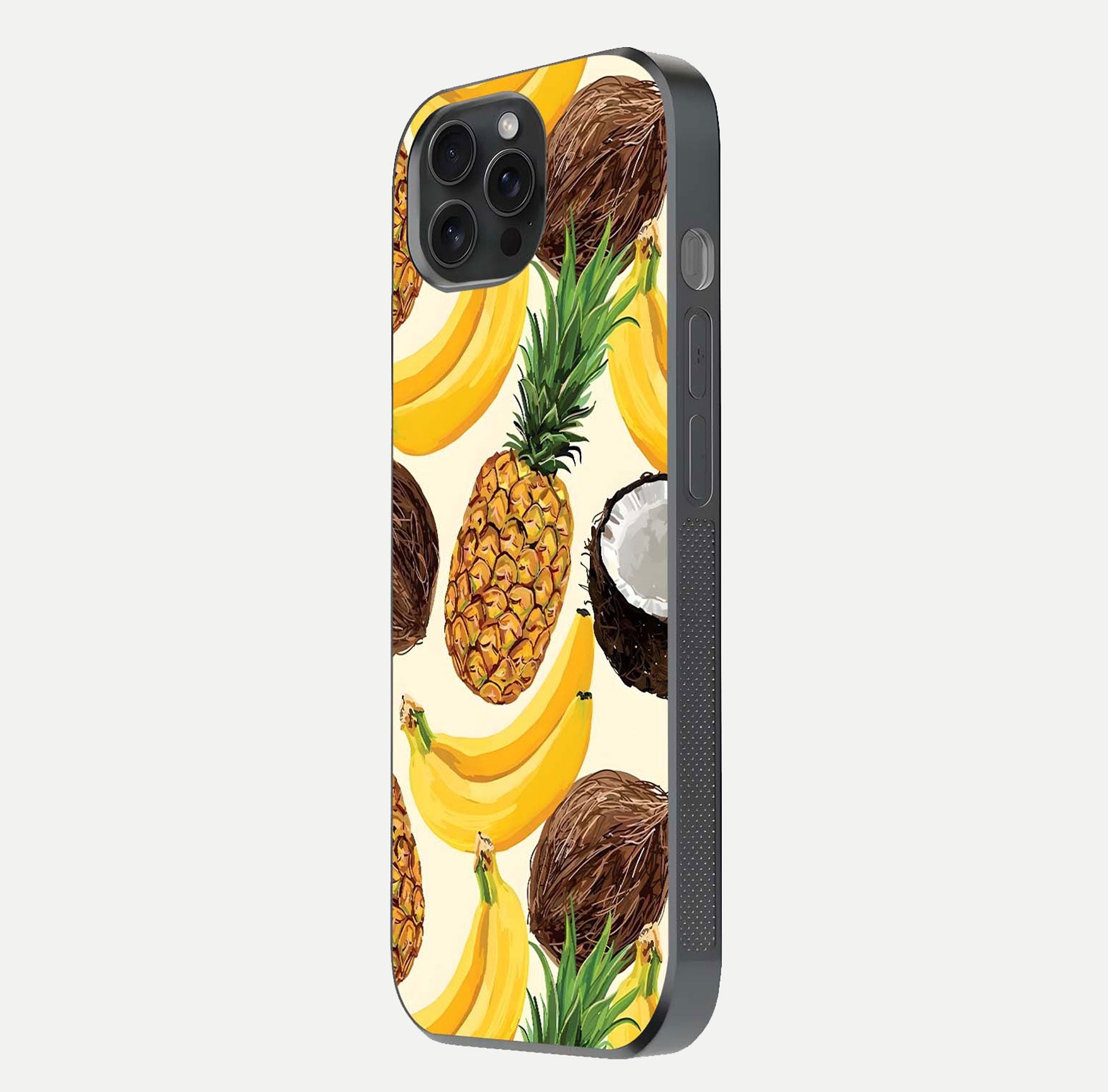 Tropical Fruit Mood Glass Case for iPhone 15 Pro side-angle image showing reflection, gloss, and fruit details