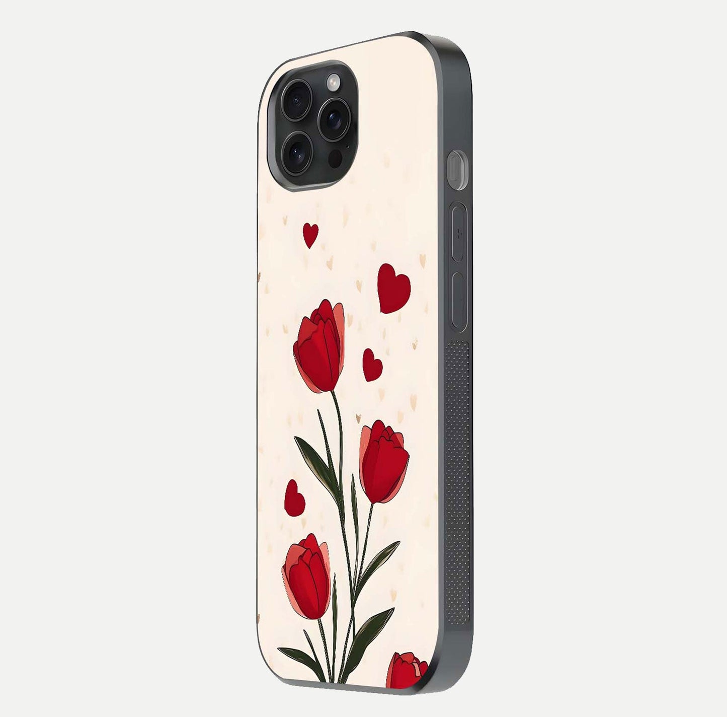 Tulip With Heart Glass Case for iPhone 15 Pro side-angle image showing floral reflection and subtle gradient