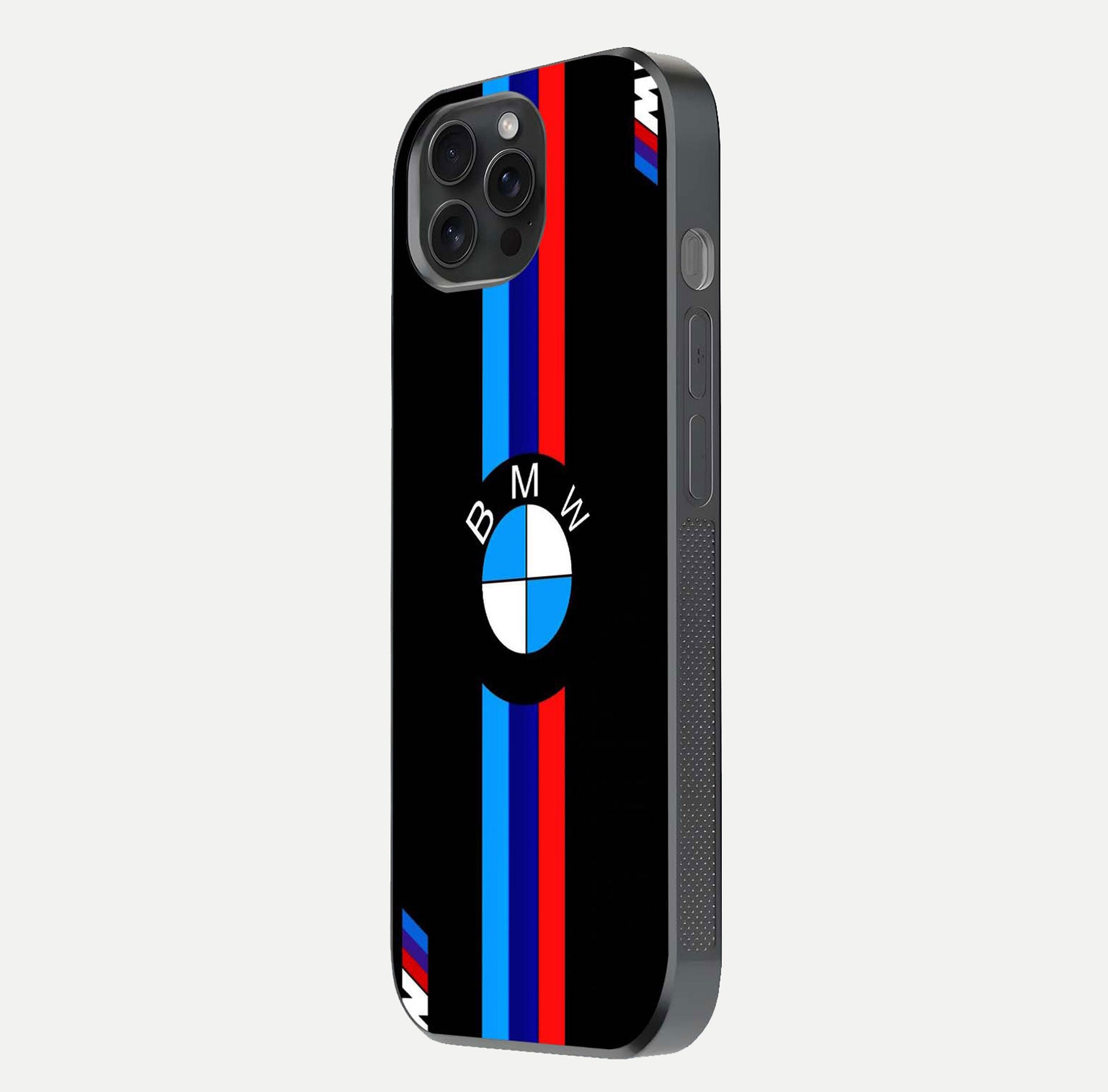 Turbo BMW Beast Glass Case for iPhone 15 Pro side-angle image showing reflection and sleek edge styling