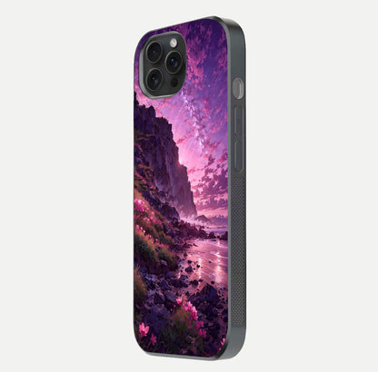Twilight Blossom Coast Glass Case for iPhone 15 Pro side-angle image showing shine, reflection, and petal tone