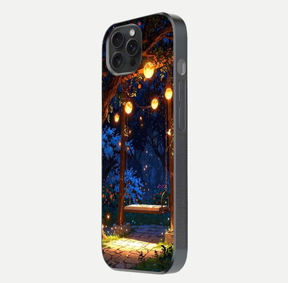 Twilight Garden Swing Glass Case for iPhone 15 Pro side-angle image showing reflection, gloss, and scenic depth