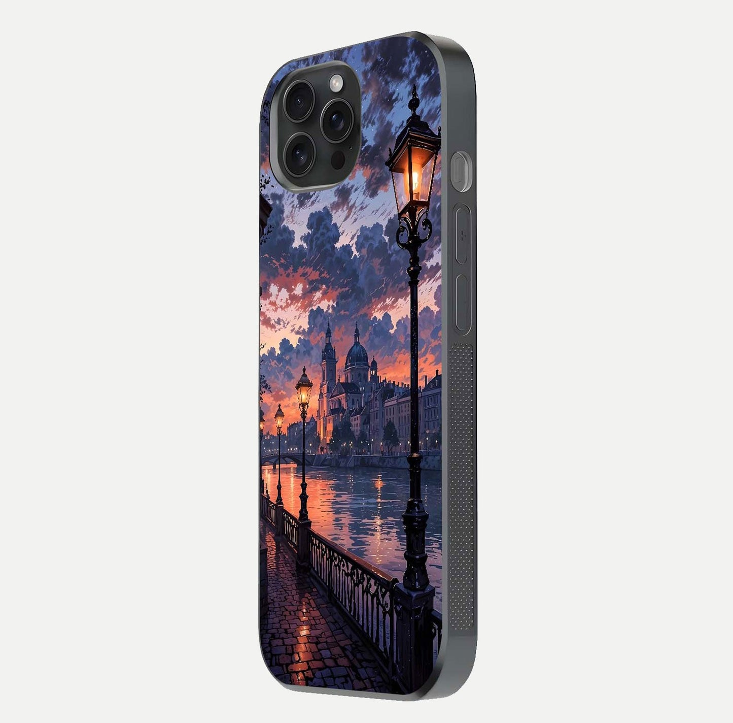 Twilight River Lights Glass Case for iPhone 15 Pro side-angle image showing reflections, lighting, and gradient tones