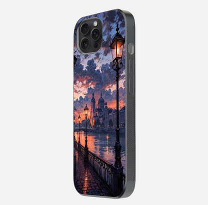 Twilight River Lights Glass Case for iPhone 15 Pro side-angle image showing reflections, lighting, and gradient tones