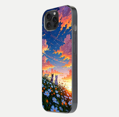 Two Cats Friends Glass Case for iPhone 15 Pro side-angle image showing reflection, gloss, and color depth