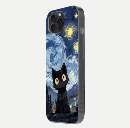 Van Gogh Cat Glass Case for iPhone 15 Pro side-angle image showing light reflection and vivid artwork