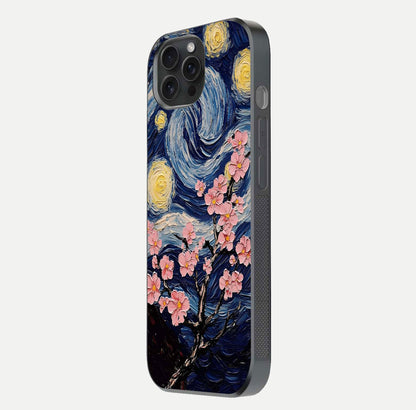 Van Gogh Scenery Glass Case for iPhone 15 Pro side-angle image showing shine, gloss, and scenic color palette